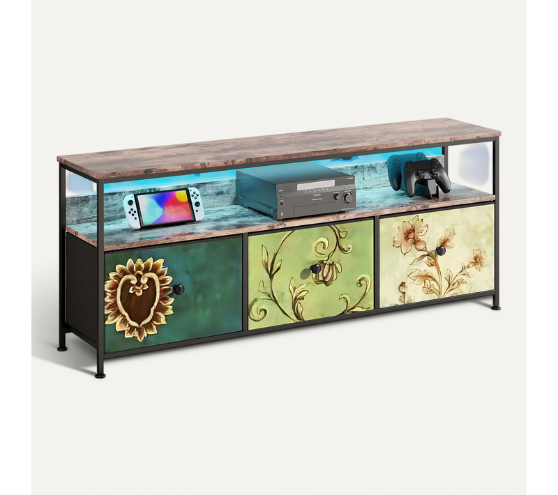 Meuble TV Avec Éclairage LED 108 X 30 X 57 Cm, 3 Tiroirs, Compartiments Ouverts, Pour Le Salon