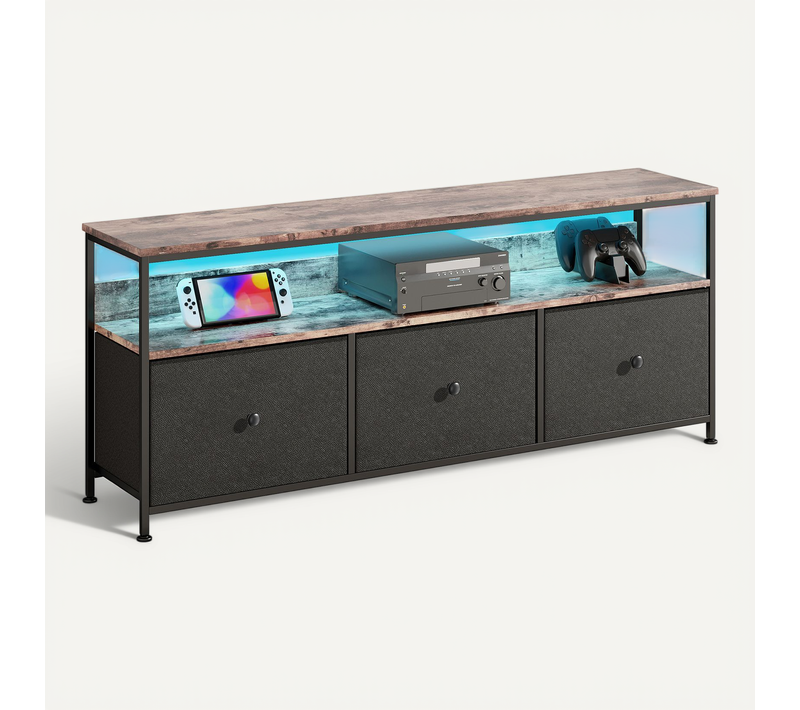 Meuble TV LED, 108 Cm, Avec Tiroirs Et Rangement En Tissu, Meuble TV Bas Rangement Pour Salon, Noir