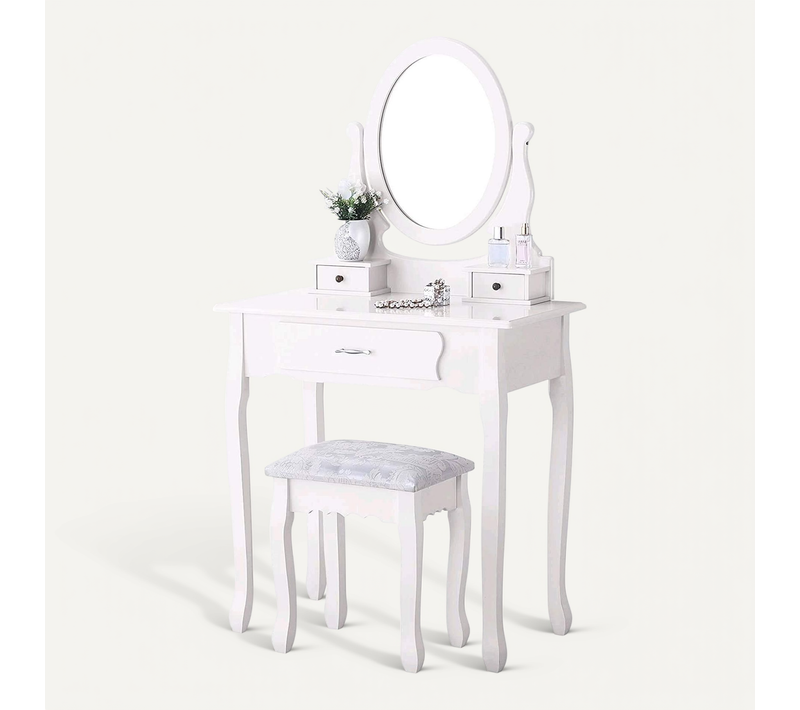 Coiffeuse Blanche Moderne Avec 3 Tiroirs Et Miroir Ovale 360° Avec Pouf Pour Chambre