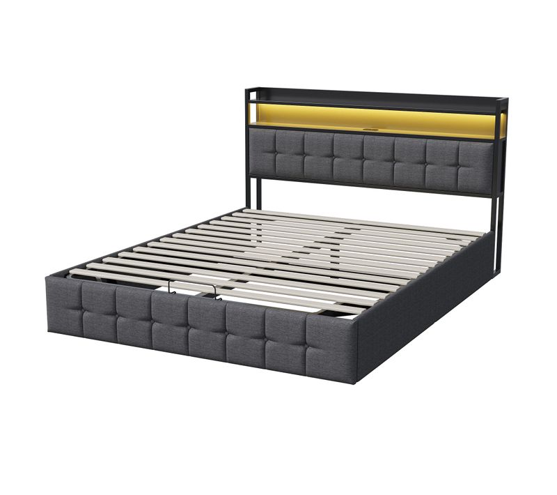 Lit Double Rembourré 140x190 Cm Avec Fonction Hydraulique,avec USB Et LED,avec Sommier à Lattes,gris