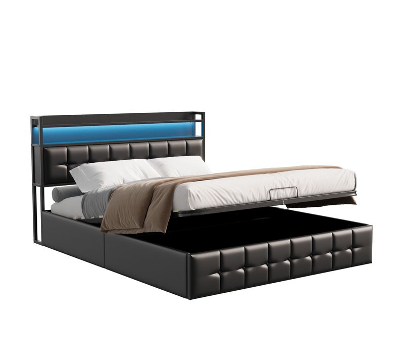 Lit Double Rembourré 140x190 Cm Avec Fonction Hydraulique,avec USB Et LED,avec Sommier à Lattes,noir