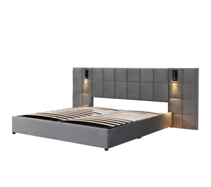 Lit Coffre Rembourré 180 X 200 Cm Avec Éclairage LED Et Chargement USB, Structure En Acier, Gris