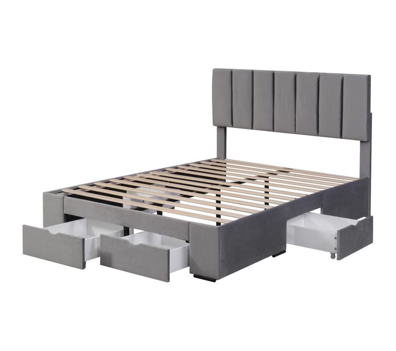 Lit Adulte 140 X 200 Cm Avec Sommier à Lattes, Dossier Et 4 Tiroirs, Gris