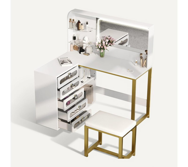 Coiffeuse Avec Miroir LED, Chaise Rembourrée, 5 Tiroirs, 2 Compartiments Ouverts Réglables, 120 Cm