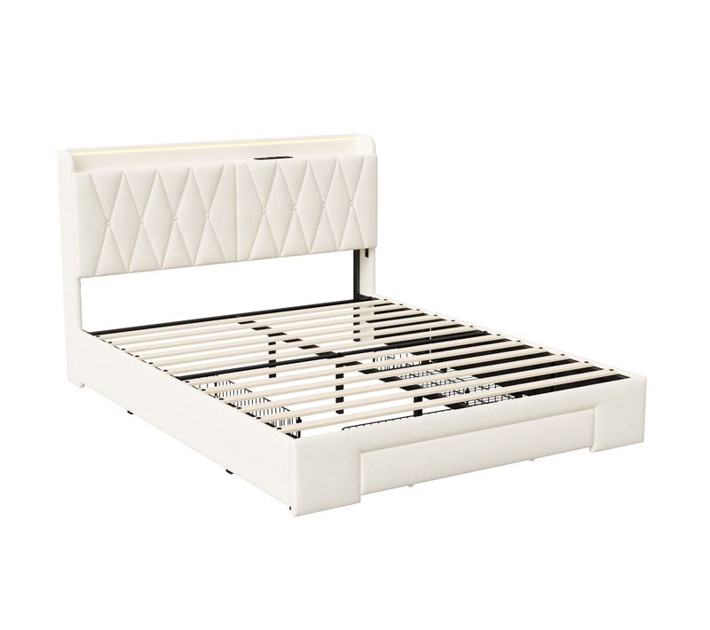 Lit Coffre 140x190 Cm Avec Sommier, LED, 3 Tiroirs, Station De Charge - Avec Rangement, Beige