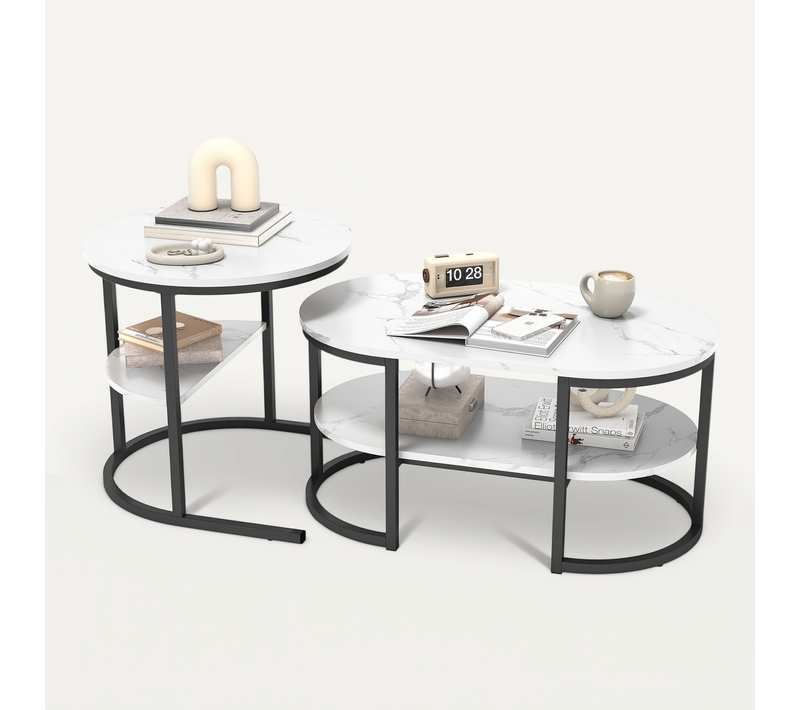 Ensemble De Deux Tables Basses, Ovale Et Ronde, Structure En Métal,noir