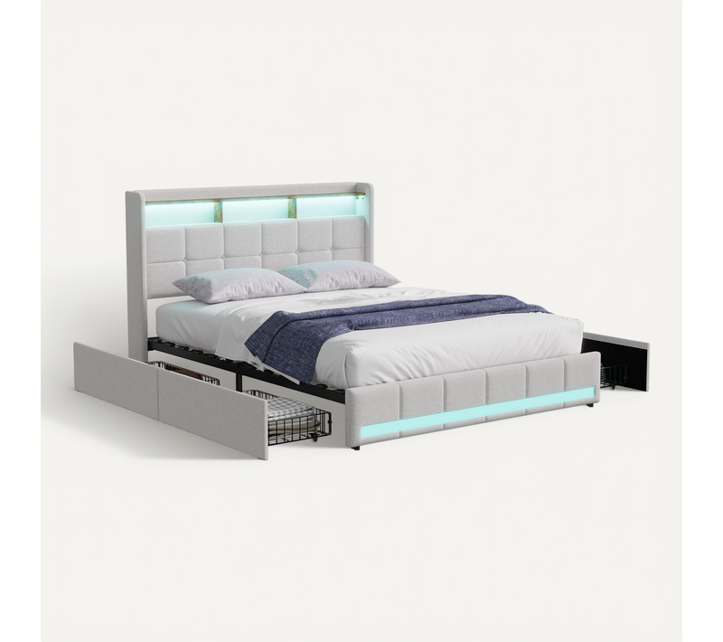 Lit Adulte Rembourré 140x200 Cm Avec Sommier à Lattes, 4 Tiroirs, Chargement USB Et Éclairage, Beige