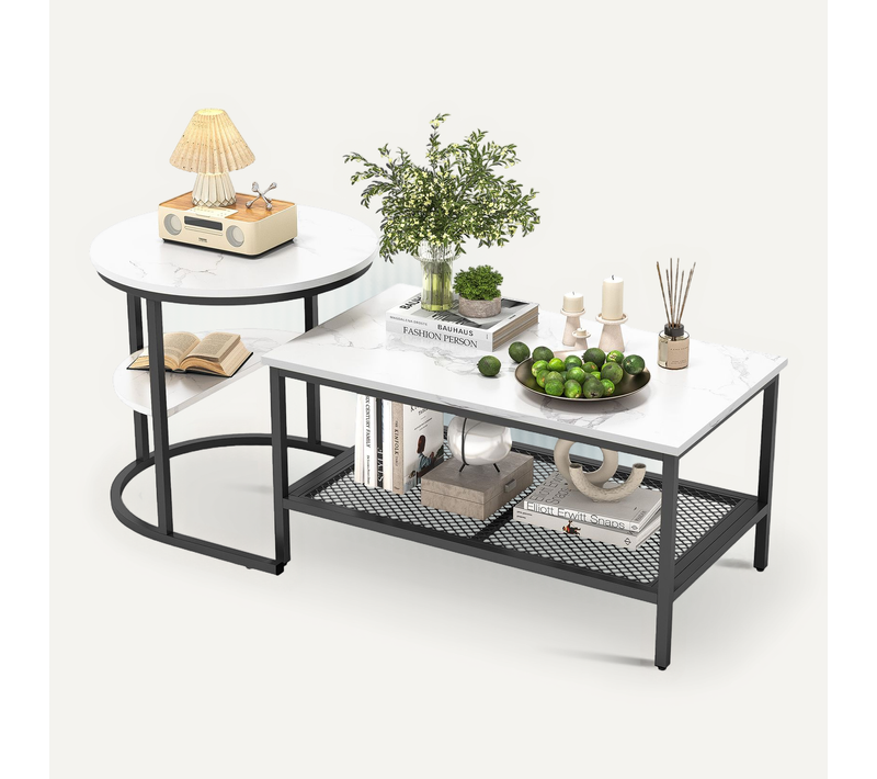 Ensemble De Deux Tables Basses Gigognes Avec Imprimé Marbre Blanc Et Cadre En Métal Noir
