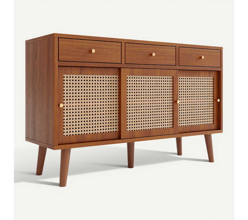 Buffet 120cm Avec 3 Tiroirs Et Portes Coulissantes, Pieds En Bois Massif, Poignées En Métal Doré
