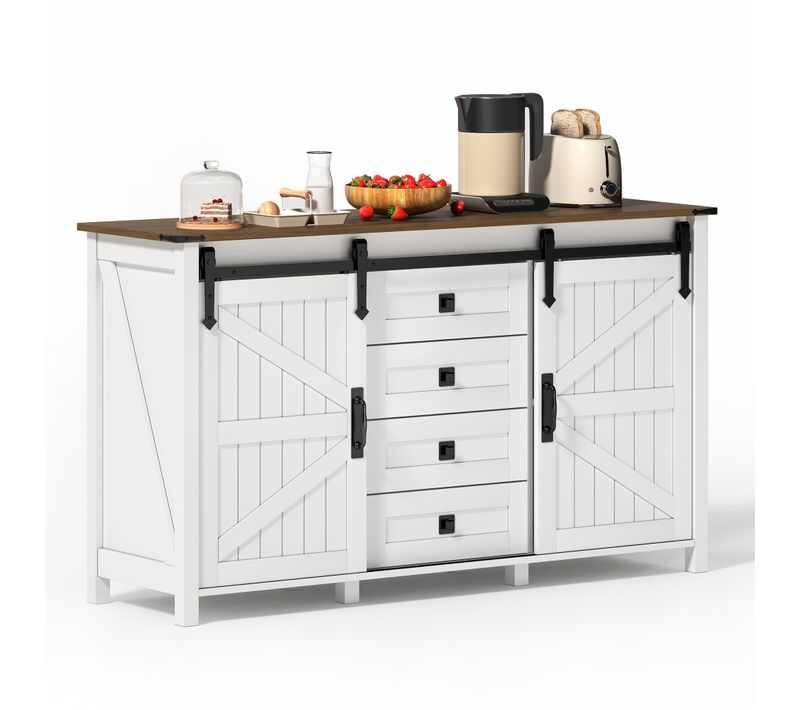 Buffet De 137 Cm Avec Rangement, Portes Coulissantes Et 4 Tiroirs, Pour Le Salon, Blanc