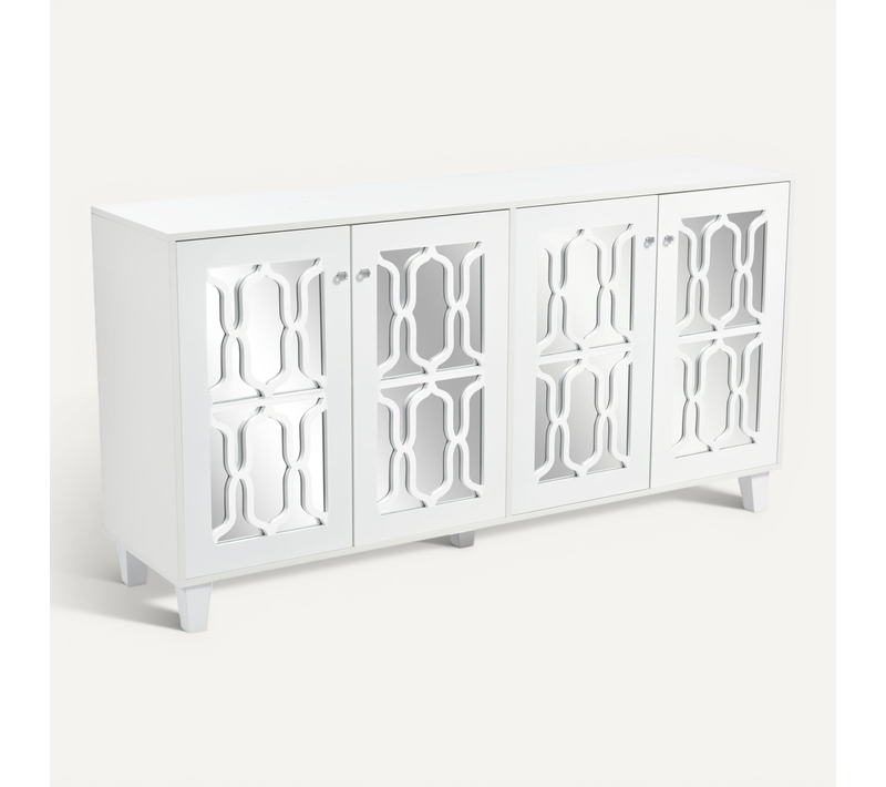 Buffet Blanc En Miroir Avec Poignées En Cristal, Quatre Portes, Étagères Amovibles, 160 Cm