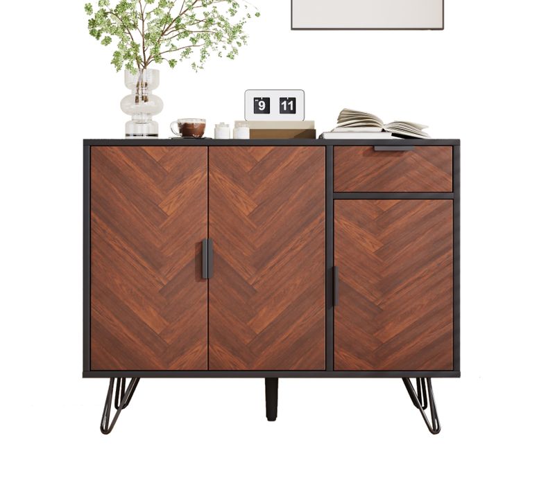 Meuble De Rangement Moderne Aspect Noir Et Bois Avec Tiroirs Et Étagères Réglables En Hauteur, 90 Cm