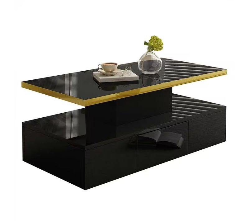 Table Basse Avec Tiroirs, Avec Deux Étagères, Avec Éclairage LED - Laquée Noire