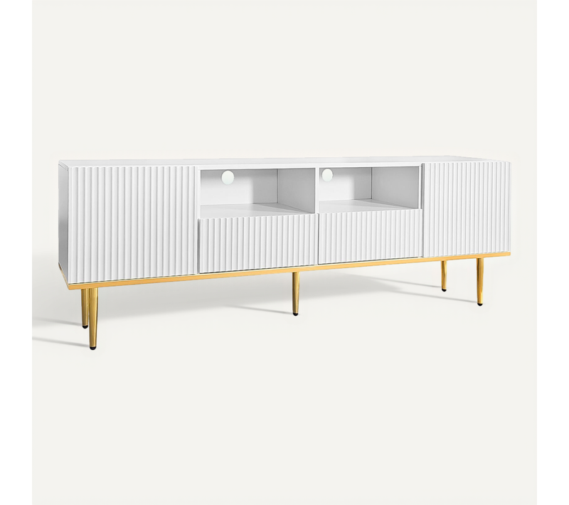 Meuble TV Moderne De 165 Cm Avec Pieds Et Bords Dorés, Meuble TV, Robuste Et Durable, Blanc