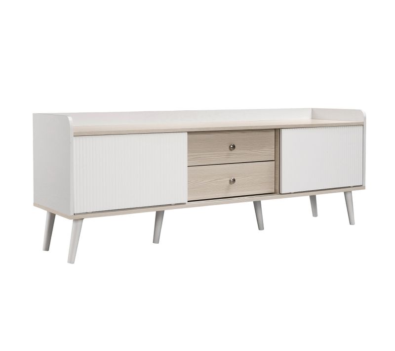 Meuble TV Double Tiroir 160 Cm, Table Basse Double Porte Coulissante, Texture Délicate,blanc Et Bois