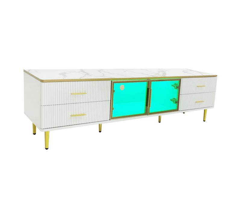 Meuble TV Aspect Marbre,4 Tiroirs Et Deux Portes En Verre Trempé,de Salon Moderne, 170*37*47,5 Cm