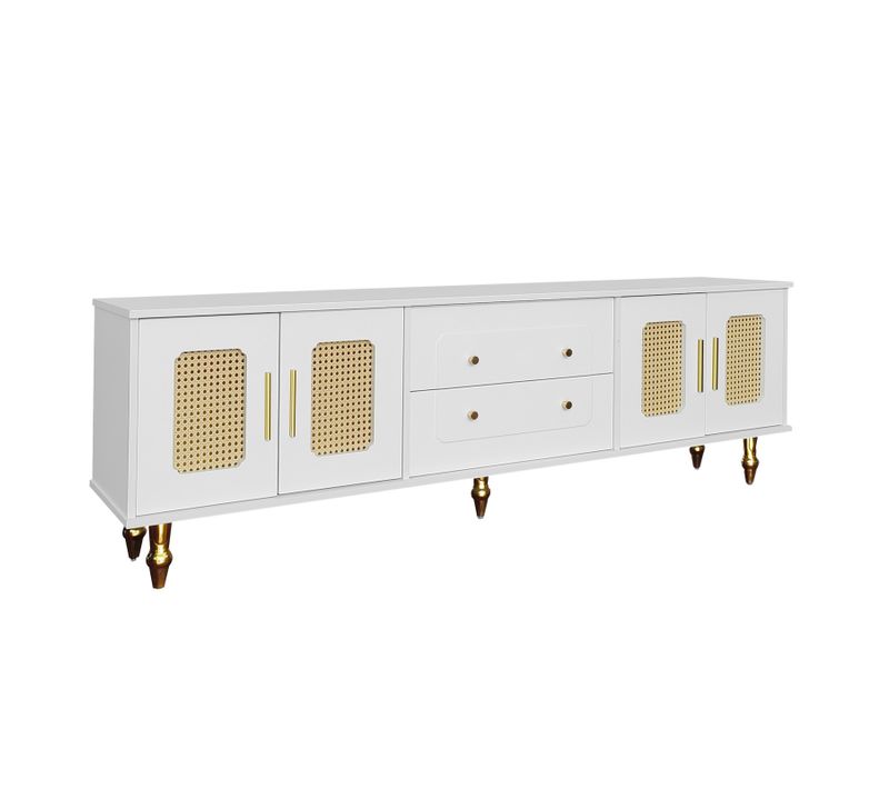 Meuble TV De Style Vintage : Poignées Dorées, Portes Vitrées, Pieds En Bois Massif, Durable,blanc