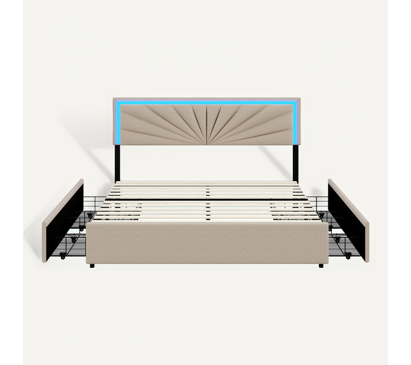 Lit Double 140x200 Cm à Lattes Et 4 Tiroirs, Avec Éclairage LED, Robuste Et Stable, Beige