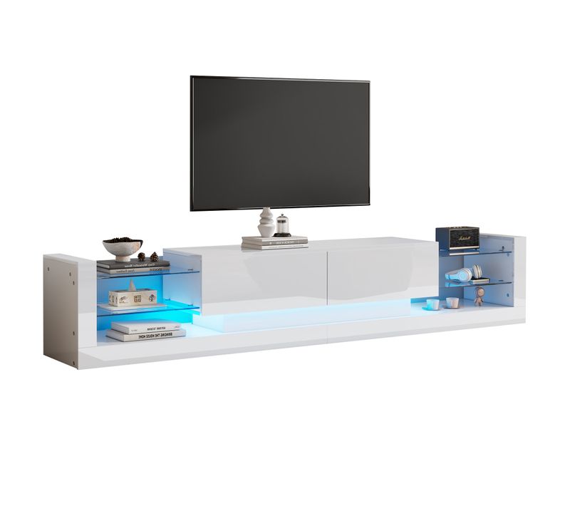 Meuble TV LED Haute Brillance, 181 Cm - Façade En Verre, 2 Tiroirs Rabattables - Pour Salon - Blanc