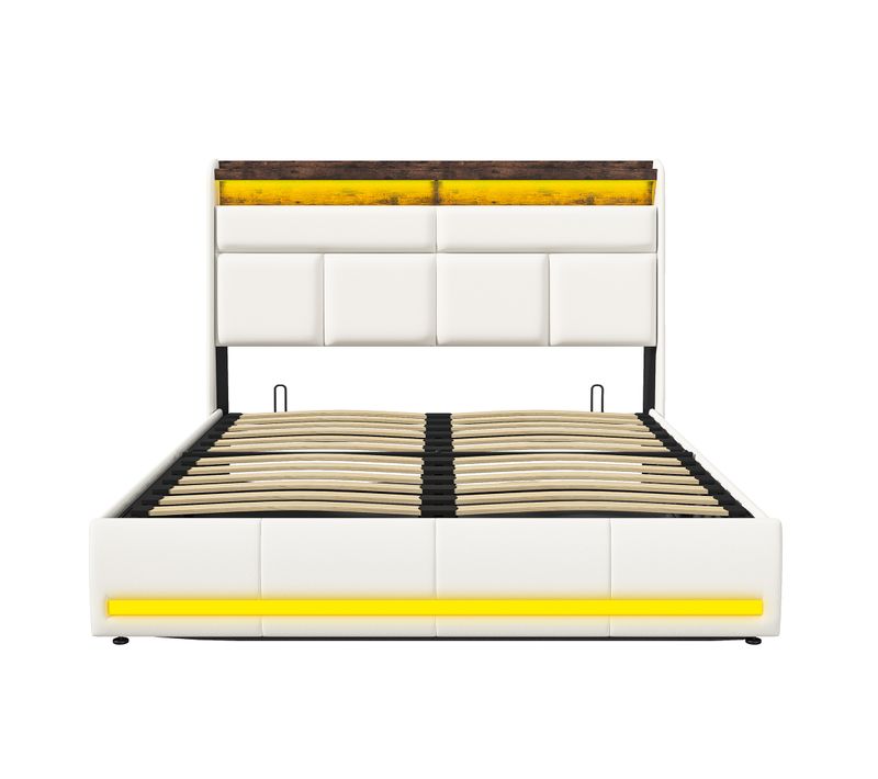 Lit Double Rembourré 140 X 200 Cm, Lit Coffre LED, Cadre De Lit Avec Sommier à Lattes, Blanc