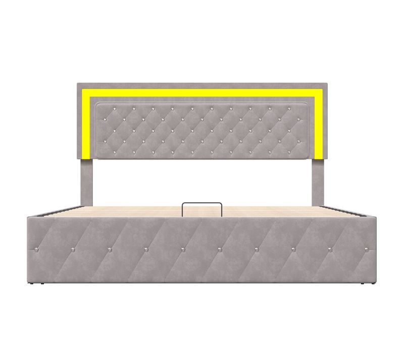 Lit Double Capitonné 140 X 200 Cm Avec Rangement Et Éclairage LED, Sommier à Lattes, Velours Beige