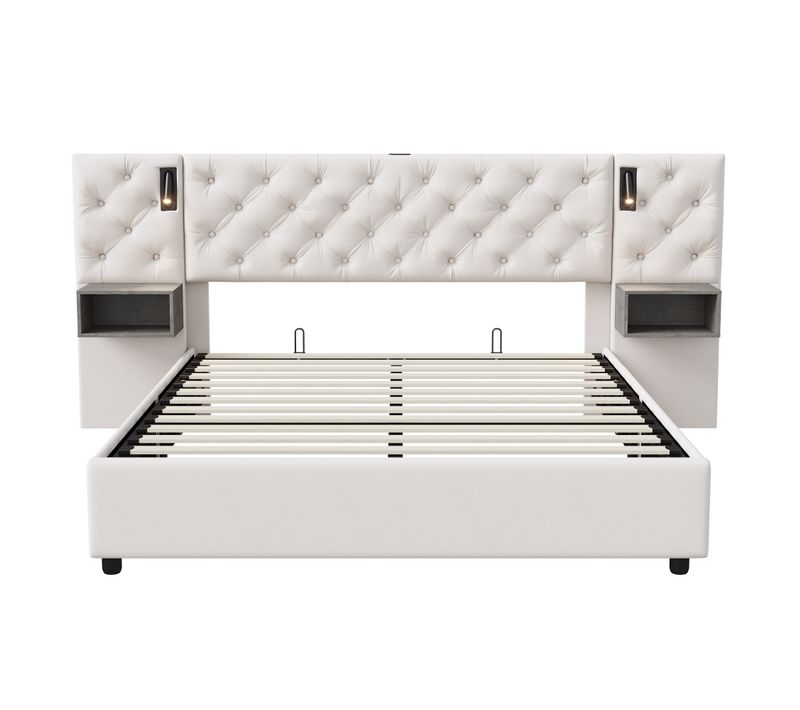 Lit Coffre Adulte 140x200 Cm Avec Tête De Lit, Liseuse, Port USB, 2 Tables De Chevet, Velours, Blanc