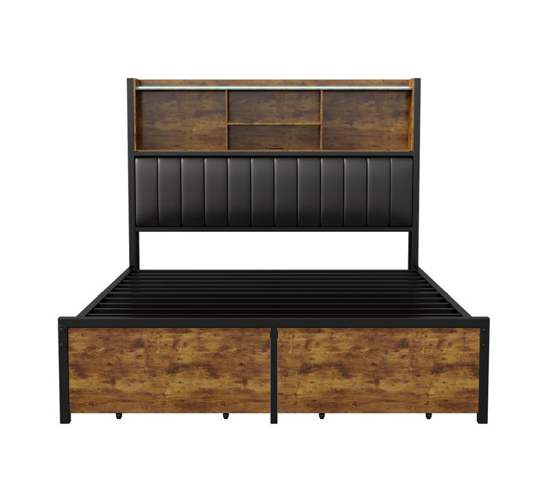 Lit Double Avec Rangement160x200cm, Port USB Éclairage LED Et 2 Tiroirs, Lit En Métal Et Bois Massif