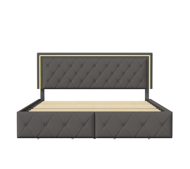 Lit Double Adulte Avec Éclairage LED, Avec 4 Tiroirs Et Éclairage LED, 140 X 200 Cm, Pu Gris