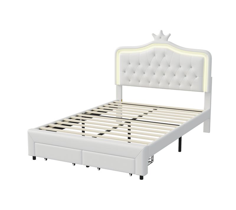Cadre De Lit Crown 140 X 200 Cm Avec Éclairage LED Et Tête De Lit Réglable, Avec Tiroirs,  Blanc