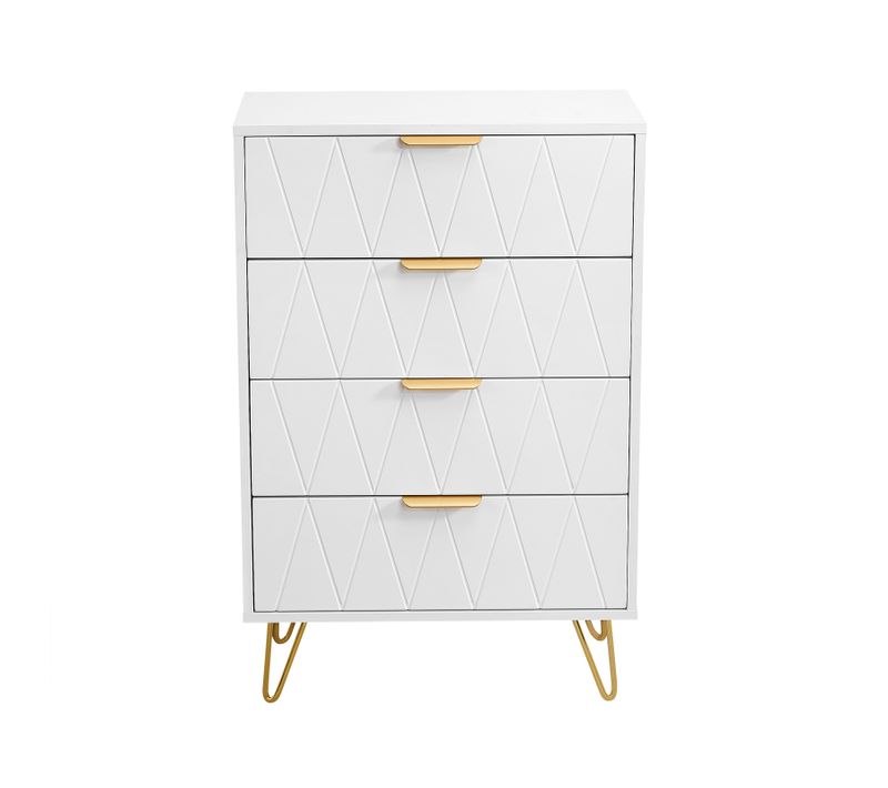 Chiffonnier 4 Tiroirs, Meuble De Rangement Avec Poignées Et Pieds Dorés, Blanc