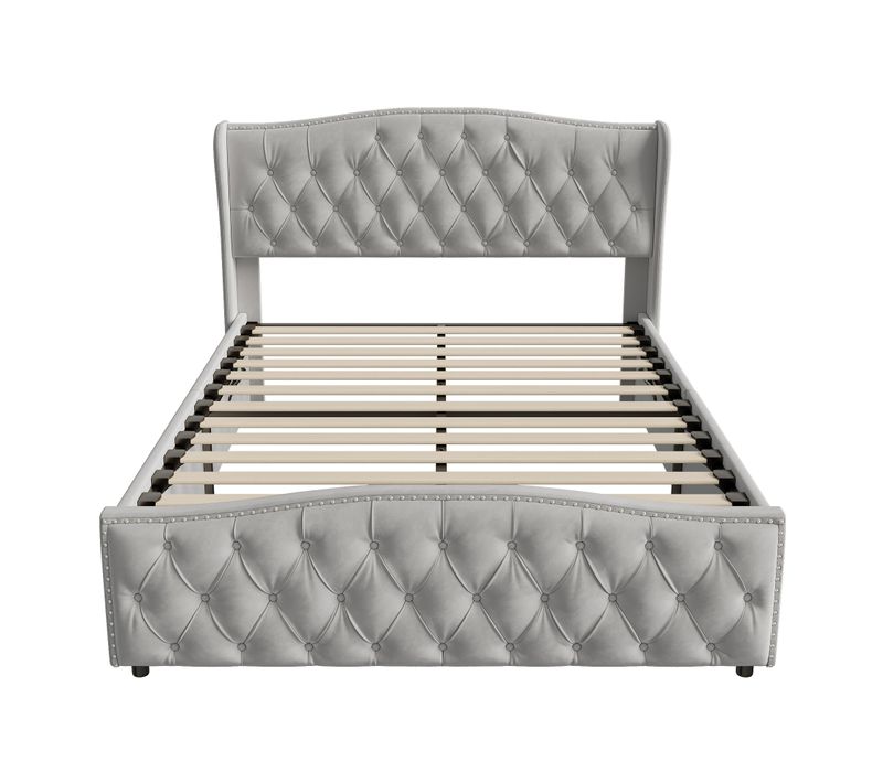 Lit Coffre Adulte, 160x200 Cm, Lit Double Tapissé Avec Tête De Lit, Velours, Gris