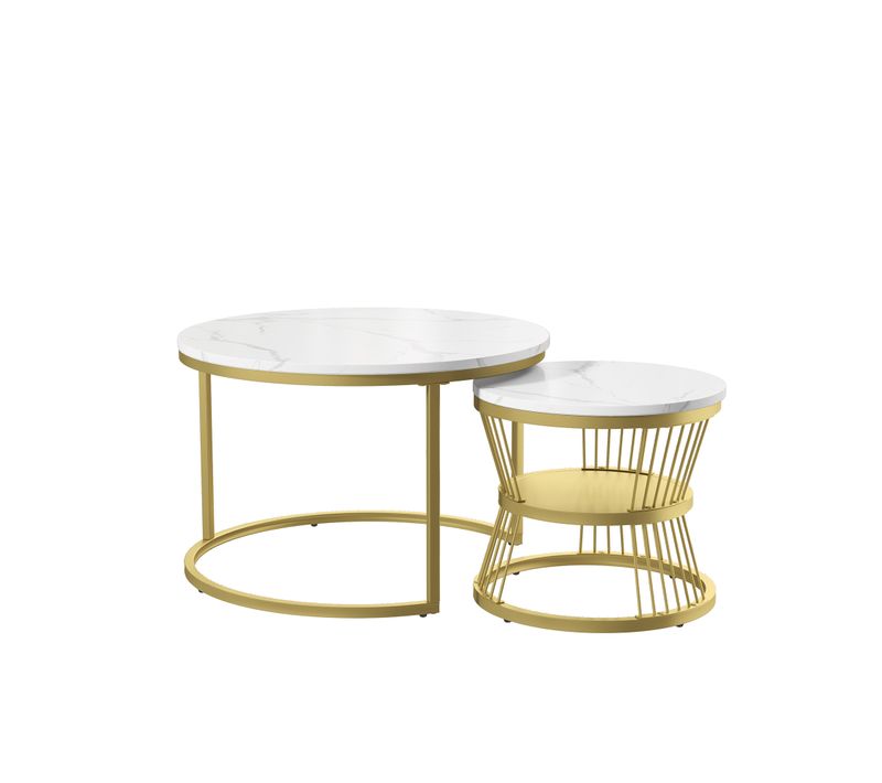 Lot De 2 Tables Basses Gigognes, Aspect Marbre, Rangement, Pieds En Métal, Blanc