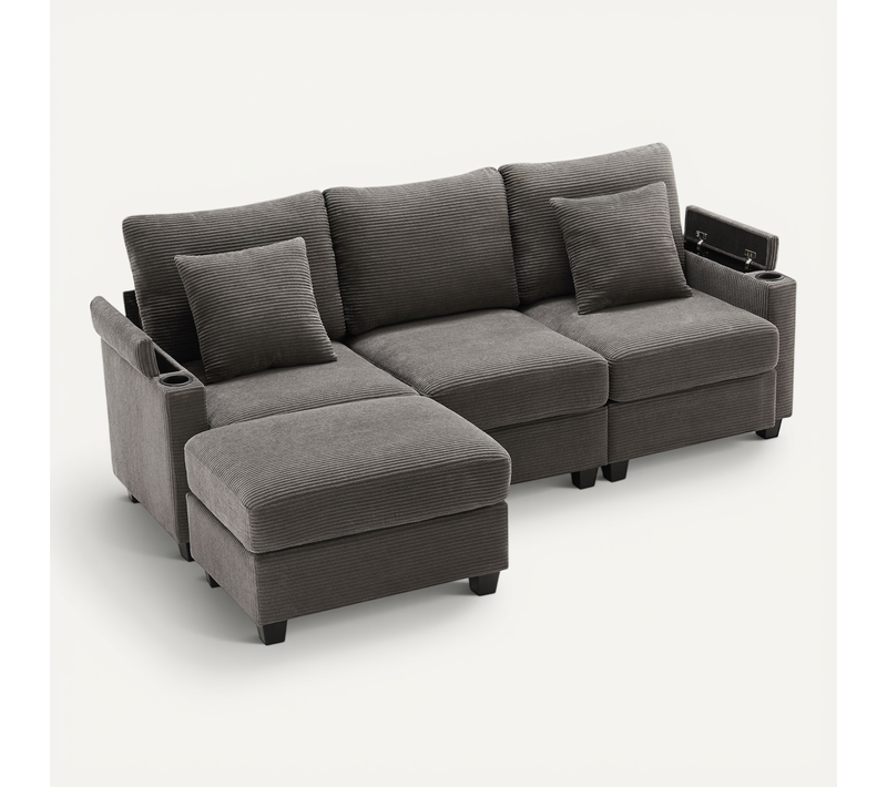 Canapé Modulaire 5-en-1 - 3 Places, Pouf, USB - Solution Confort Technologique Gris