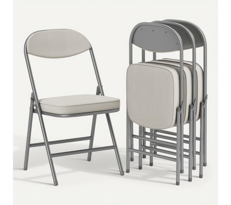 Lot De 4 Chaises Pliantes Grises - Dossier Rembourré, Structure En Acier - Bureau/camping
