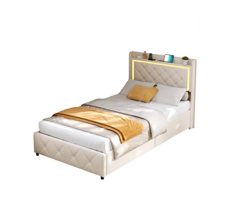 Lit Simple 90x200cm Avec Rangement, Éclairage LED, Ports USB Et Type-c, Tissu Velours, Beige