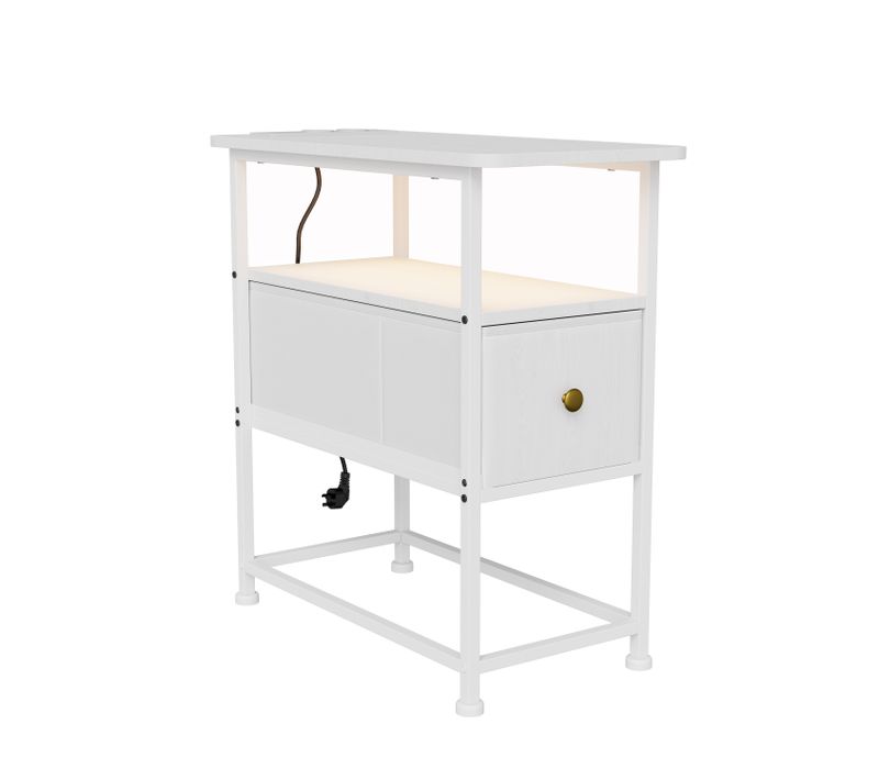 Table D'appoint Avec Station De Recharge Intégrée Et Un Tiroir,idéale Pour Les Petits Espaces,blanc