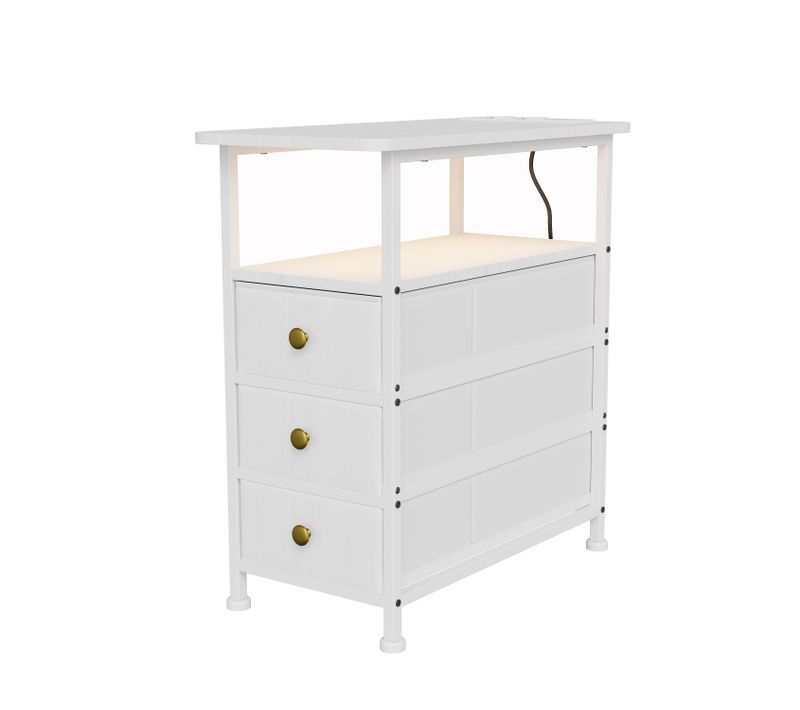 Table D'appoint Avec Station De Recharge Intégrée Et 3 Tiroirs,idéale Pour Les Petits Espaces,blanc
