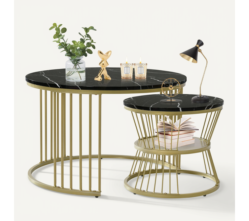Ensemble De Deux Tables Basses Rondes - Table D'appoint Moderne - Structure En Métal - Or Et Noir