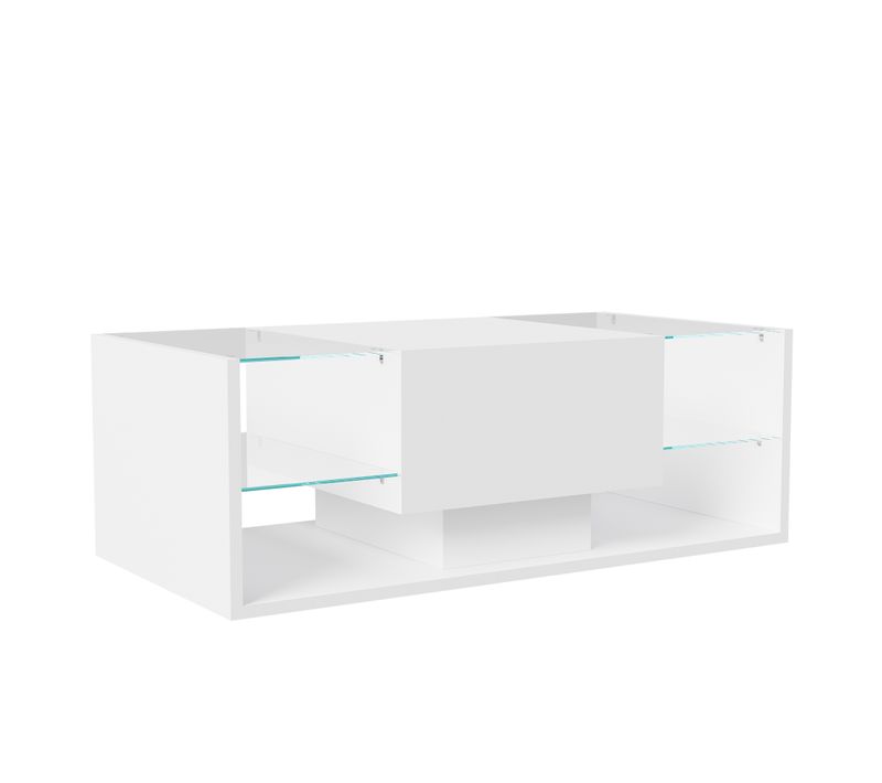 Table Basse Blanche Avec Éclairage LED, Espace De Rangement Et Étagères Ouvertes, 100 X 50 X 35 Cm.