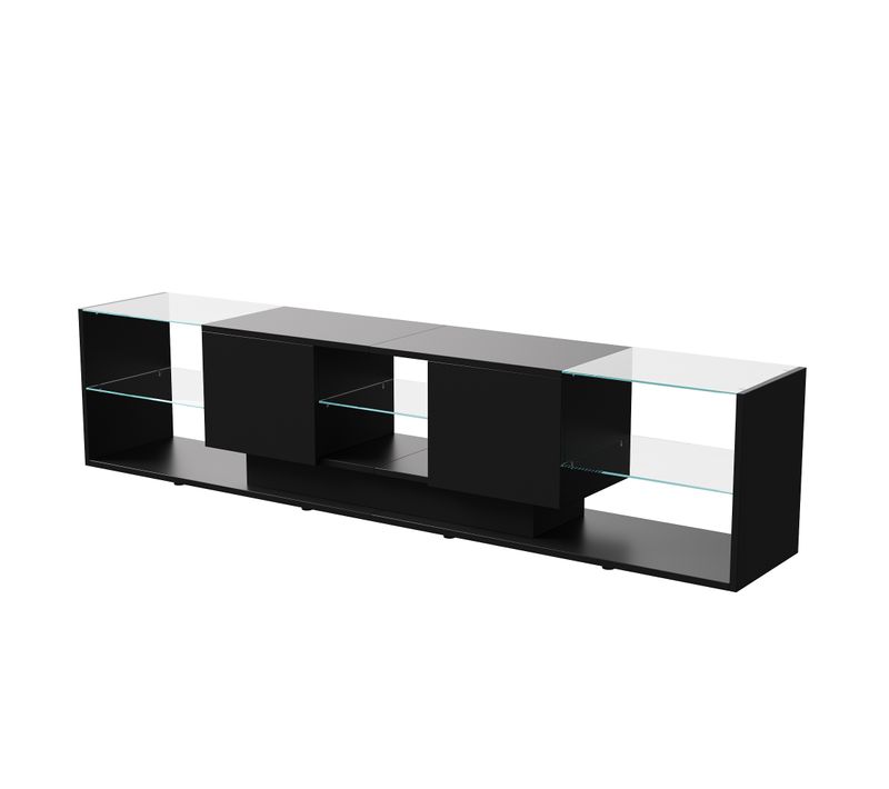 Meuble TV Noir De 200 Cm Avec Éclairage LED, 2 Portes Et 6 Compartiments De Rangement Ouverts
