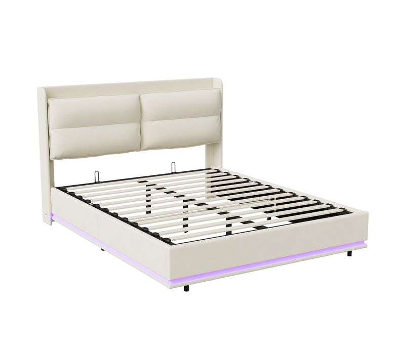 Lit Moderne Rectangulaire 140x200 Cm Avec Sommier à Lattes, Rembourré, USB Et Type-c, Coffre, Beige