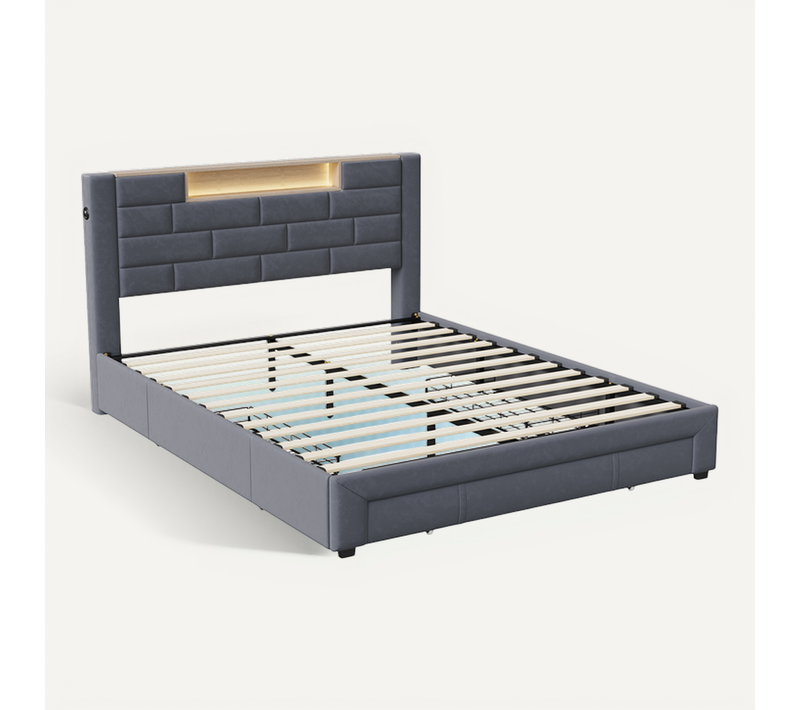 Lit Coffre 160x200 Cm Avec Bande Lumineuse LED Et Port De Charge, Avec 3 Tiroirs, Velours, Gris