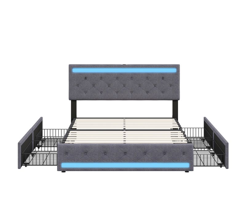 Cadre De Lit Double, 180 X 200 Cm, 4 Tiroirs De +station De Charge, Avec Bande Lumineuse LED, En Lin