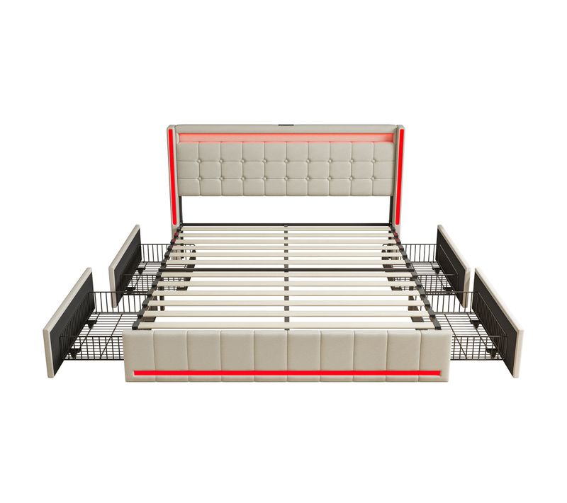 Lit Rembourré 140 X 200 Cm, Tête De Lit LED, 4 Tiroirs Et Fonction De Charge USB, Lin, Beige