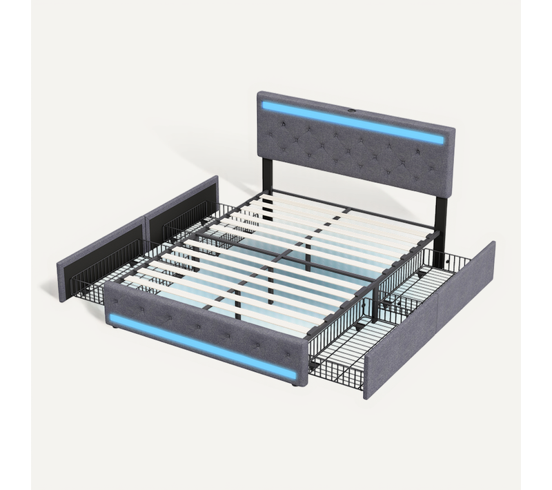 Cadre De Lit Double, 160 X 200 Cm, 4 Tiroirs De +station De Charge, Avec Bande Lumineuse LED, En Lin