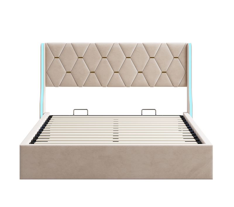 Lit Double Rembourré Avec Éclairage LED, 140 X 200 Cm, Avec Rangement, Beige, Velours