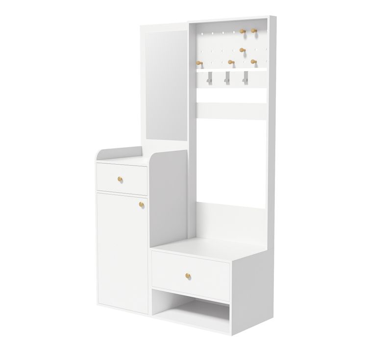Porte-vêtements D'entrée Avec Miroir - Rangement Chaussures Et Manteaux - Blanc 105 Cm