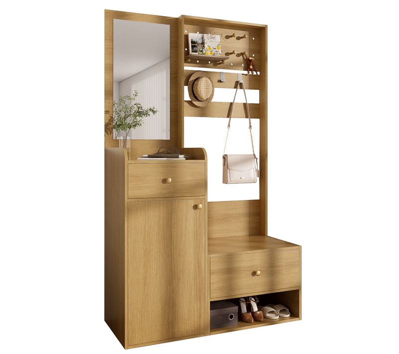 Porte-vêtements D'entrée Avec Miroir - Rangement Chaussures Et Manteaux - Bois 105 Cm