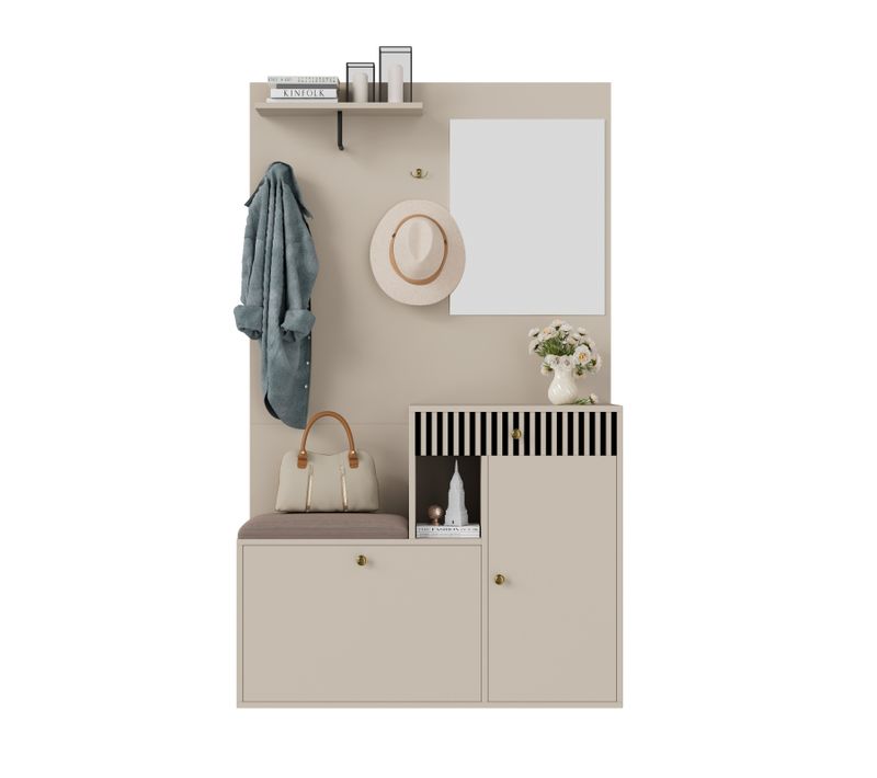 Meuble D'entrée Multifonction 110 Cm - Miroir, Coussin, Rangement Intégré - Beige