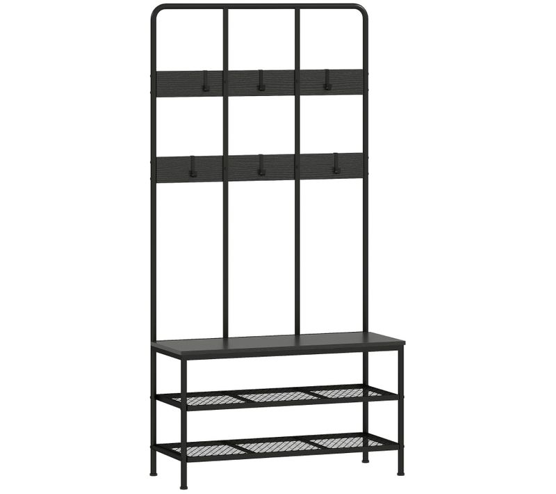 Porte-vêtements 3-en-1 Avec Banc - Rangement Chaussures, Cintres - Noir